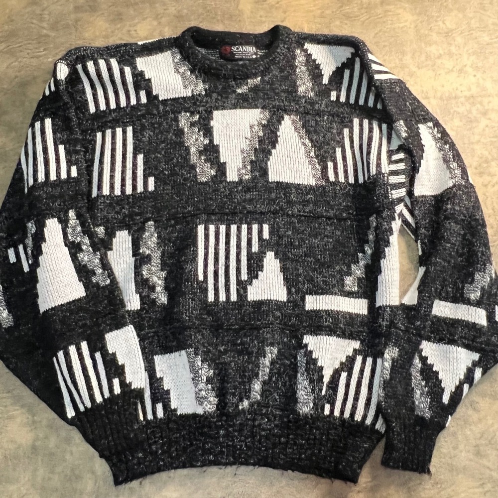 Scandia Sweater Mens Medium Black White Geometric Abstract Knit‎ Made in USA VTG